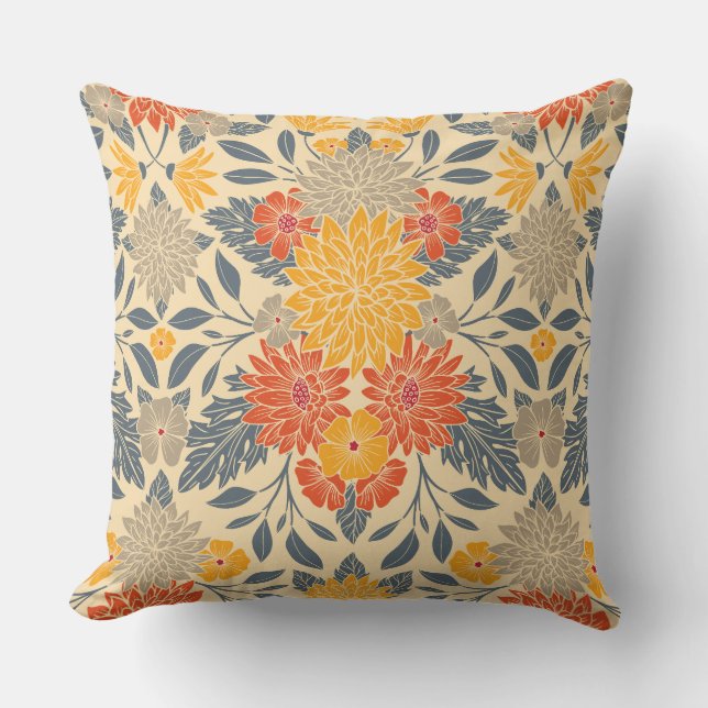 Warm Geel, Oranje en blauw Floral Kussen (Voorkant)