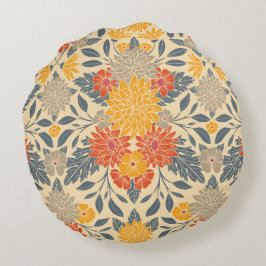 Warm Geel, Oranje en blauw Floral Rond Kussen