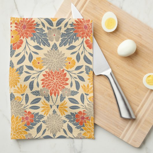 Warm Geel, Oranje en blauw Floral Theedoek (Quarter Fold)