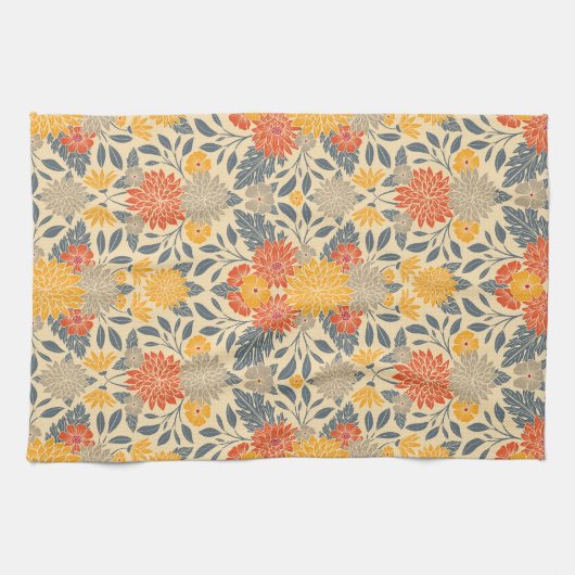 Warm Geel, Oranje en blauw Floral Theedoek (Horizontaal)