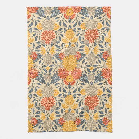 Warm Geel, Oranje en blauw Floral Theedoek (Verticaal)