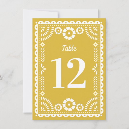 Warm geel Papel Picado Trouwtafel nummer Kaart (Voorkant)
