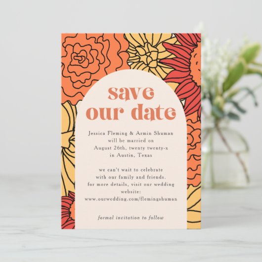 Warm Gekleurde Grote Bloemboog save the date Kaart (Staand voorkant)