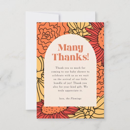 Warm gekleurde grote bloemenboog Baby shower Bedankkaart (Voorkant)