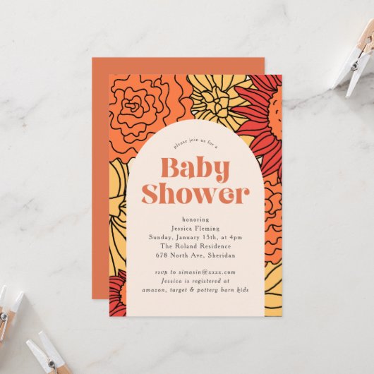 Warm gekleurde grote bloemenboog Baby shower Kaart (Voorkant / Achterkant in situ)