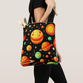 Warm getinte kosmische cartoonkunst tote bag