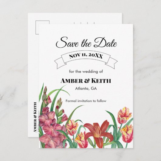 Warm Gladioli Tulip Lily Wedding Save the Date Aankondigingskaart (Voorkant / Achterkant)