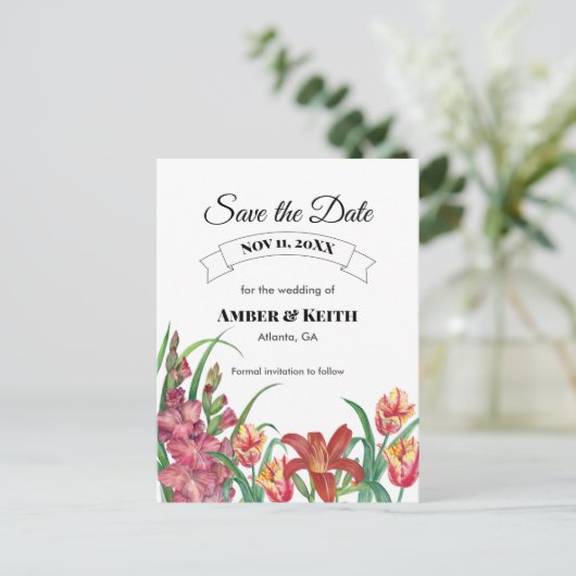 Warm Gladioli Tulip Lily Wedding Save the Date Aankondigingskaart (Staand voorkant)