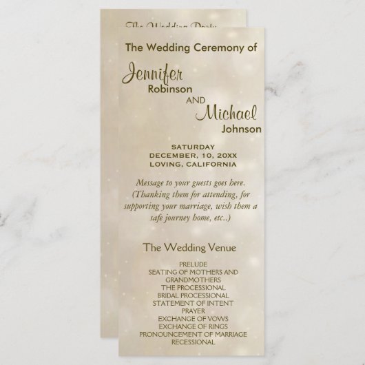 Warm Gold Bokeh Wedding Programma Programmakaart (Voorkant / Achterkant)