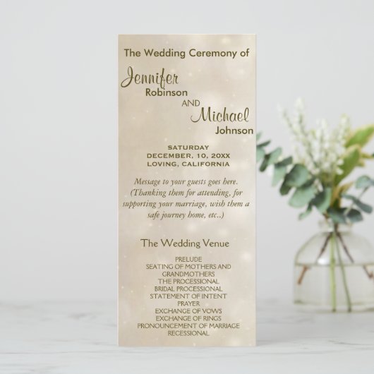 Warm Gold Bokeh Wedding Programma Programmakaart (Staand voorkant)