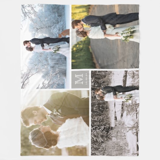 Warm Gray Modern Monogram 4 Foto Collage Weddensch Fleece Deken (Voorkant)