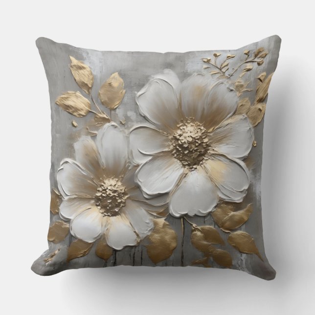 Warm Grijs Goud Witte Moderne Rustieke Bloem Kussen (Voorkant)