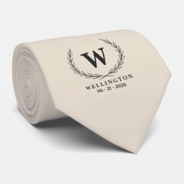 Warm Ivoor Zwarte Laurel Monogram Huwelijksdatum Stropdas