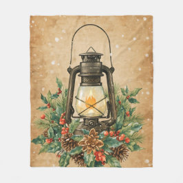 Warm lantern christmas holly pine rustic cozy  fleece deken