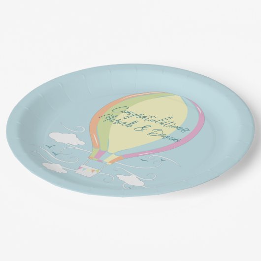 Warm luchtballon Baby shower Regenboog Papieren Bordje (Gekanteld)
