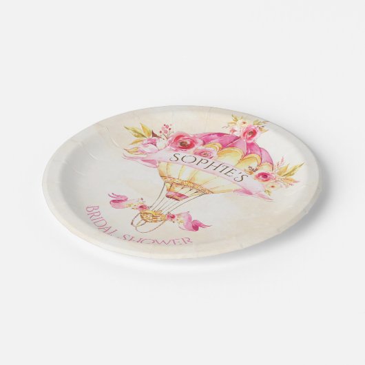 Warm luchtballon Roze Gele Gele Rozen Papieren Bordje (Gekanteld)