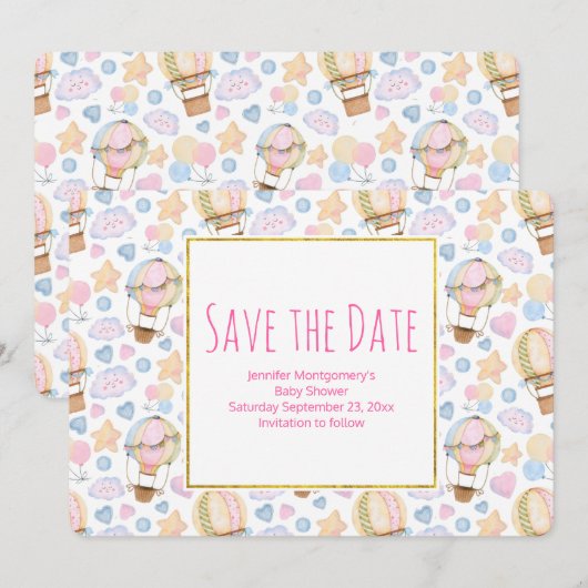 Warm luchtballon Whimsical Waterverf Patroon Save The Date (Voorkant / Achterkant)