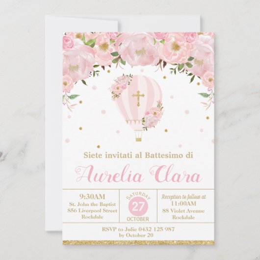 Warm luchtballonroze Floral Baptisme Christening i Kaart (Voorkant)