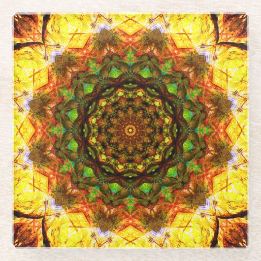 Warm Mandala Art met groene vormen Glazen Onderzetter (Voorkant)