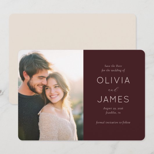 Warm Maroon Elegant Photo Save The Date (Voorkant / Achterkant)