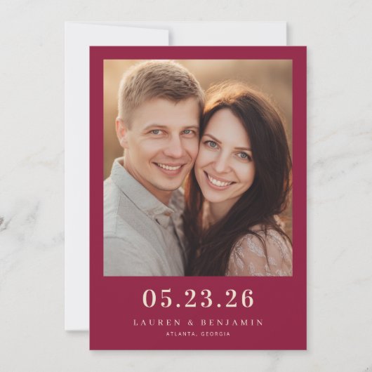 Warm Maroon Minimalistische Foto Save The Date (Voorkant)