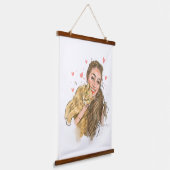 Warm Meisje & Kat Illustratie Hout - Topped Wall T Hangend Wandkleed (Gebogen)