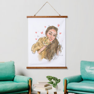 Warm Meisje & Kat Illustratie Hout - Topped Wall T Hangend Wandkleed
