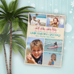 Warm met kerstgraten Flamingos Foto Collage Feestdagenkaart<br><div class="desc">Flamingos familie Kerstvlakke fotokaart met een plaats voor vijf afbeelding van de kinder, huisdieren, ouders of vakantiefoto's. Onder de twee fotosjablonen bovenaan staat een rij roze vlamingos met tropische vakantieworsten en die staan onder kleine blauwe zeester. De blauwgroen blauwe tekst is gemakkelijk aan te passen met groet en handtekening. Onderaan...</div>