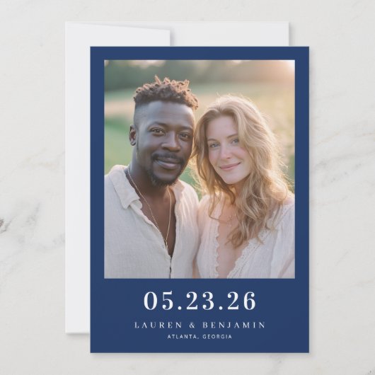 Warm Navy Minimalistische Foto Save The Date (Voorkant)