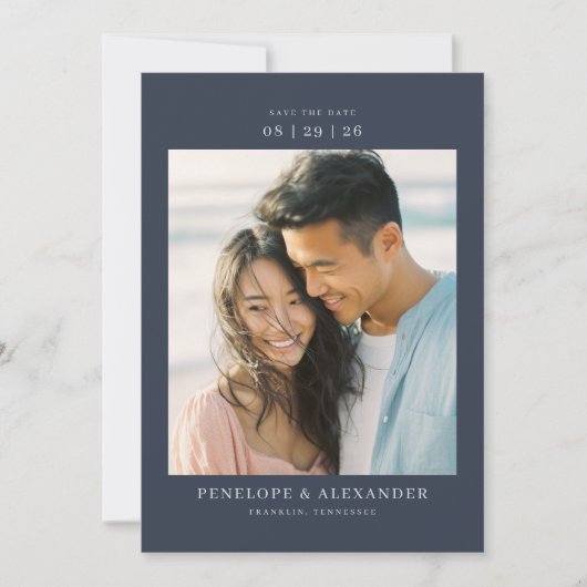 Warm Navy Minimalistische Foto Save The Date (Voorkant)