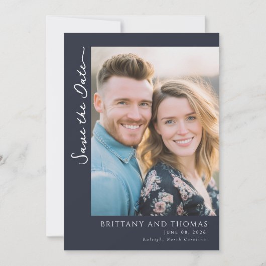 Warm Navy Minimalistische Foto Save The Date (Voorkant)