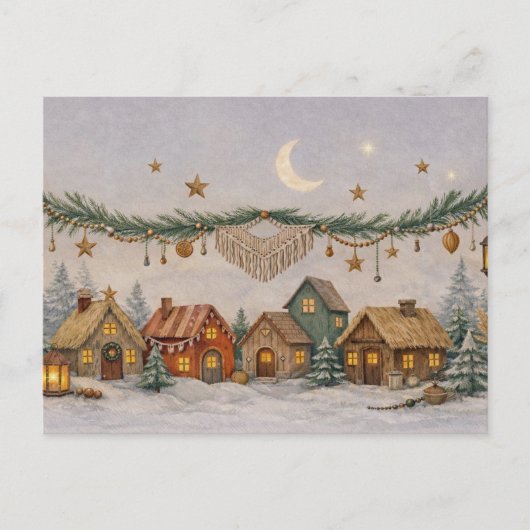 Warm Neutraal Aquarel Boho Kerst Dorp  Feestdagenkaart (Voorkant)