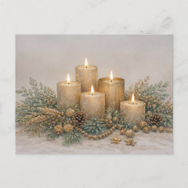 Warm neutraal aquarel Kerstkaars groenblijvend Feestdagenkaart