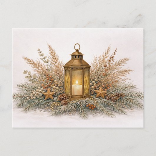 Warm neutraal aquarel kerstlantern feestdagenkaart (Voorkant)