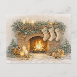 Warm Neutral Watercolor Rustic Christmas Fireplace Feestdagenkaart