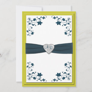 Warm Olive Green and Blue Monogrammed Invitation Kaart