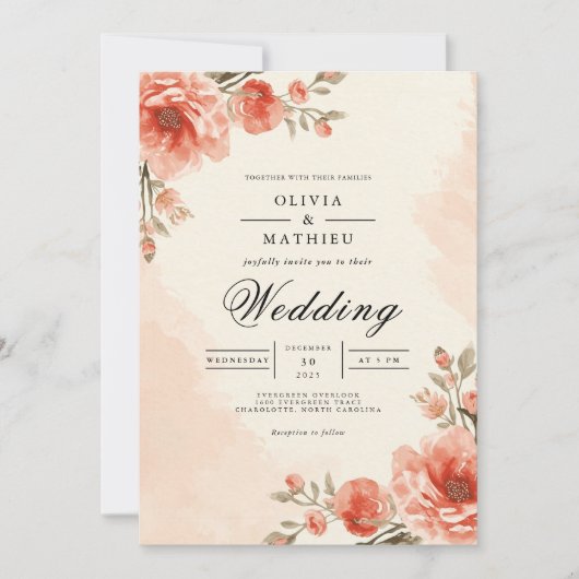 Warm Peach Blossom Frame Wedding Kaart (Voorkant)