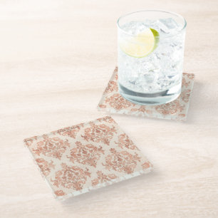 Warm Perzik Damast Aquarel Sierpatroon Glazen Onderzetter