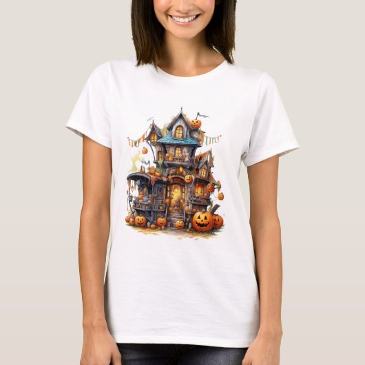 Warm Pumpkin Cottage Halloween T-shirt | Cozy Fall (Voorkant)