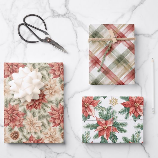 Warm Red Green Christmas Floral Stripes Inpakpapier Vel (Voorkant)
