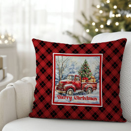 Warm red truck winter scene rustic red green  kussen