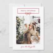 Warm Red White Bow Photo Merry Kerstry Feestdagenkaart (Voorkant)