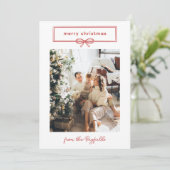 Warm Red White Bow Photo Merry Kerstry Feestdagenkaart (Staand voorkant)