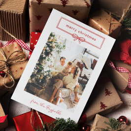 Warm Red White  Bow Photo Merry Kerstry Feestdagenkaart