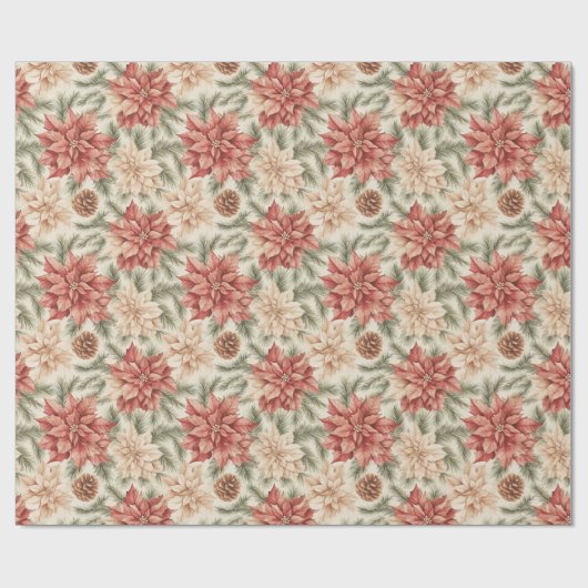 Warm Rood Groen Kerst Bloemmotief Cadeaupapier (Vlak)
