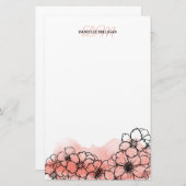 Warm roze Waterverf Bloemenlijn Kunstnaam Monogram Briefpapier (Voorkant / Achterkant)