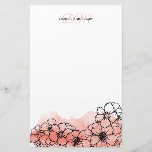 Warm roze Waterverf Bloemenlijn Kunstnaam Monogram Briefpapier