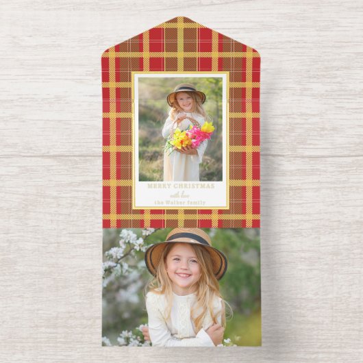 Warm Rustiek Rood & Goud Plakt Foto All In One Uitnodiging (Binnenkant)