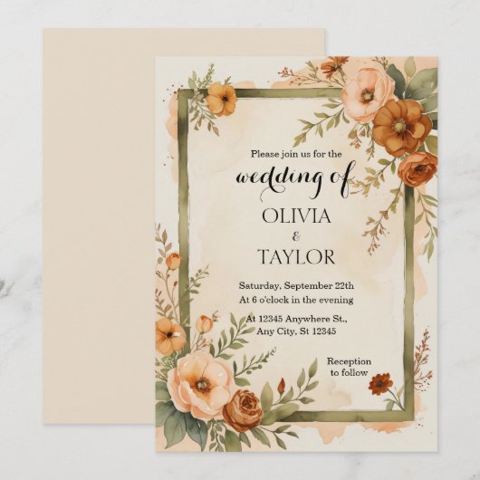 Warm  Rustieke Elegantie Bloemen Huwelijk Kaart (Voorkant / Achterkant)