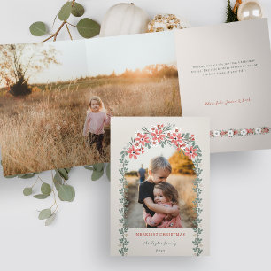 Warm Sage/Perzik Kerst Bloemstuk Boog Foto Drieluik Wenskaart